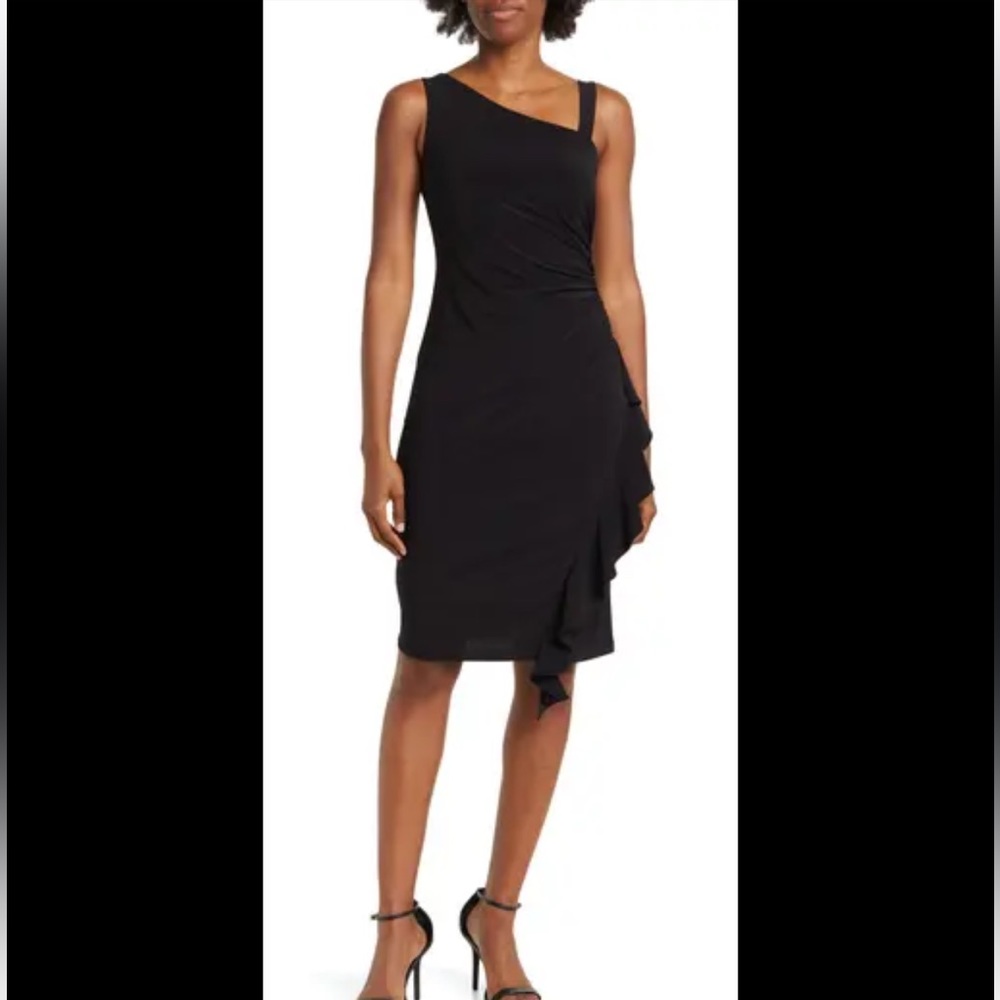 Vince Camuto Black One Shoulder Strap Side Ruffle Bodycon Knee Length Dress 4